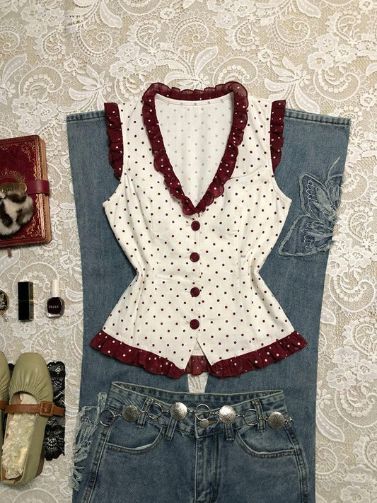 red lace polka dots shirt
