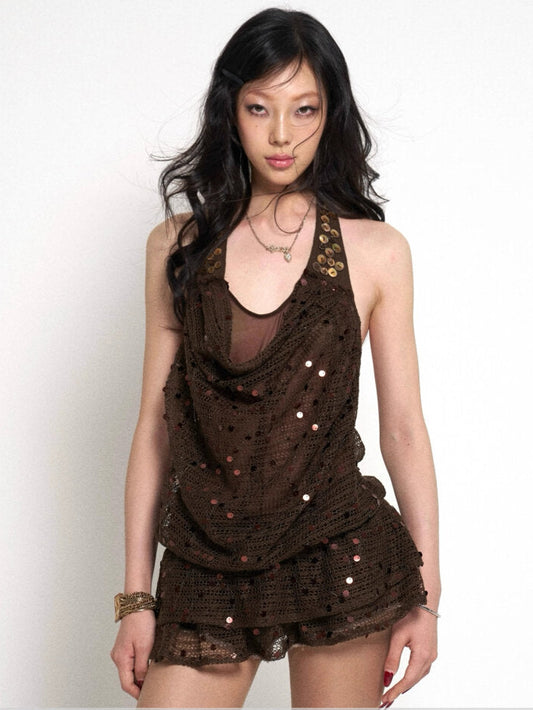 Y2K Sequin Halter Neck Micro Mini Dress – Sexy Two-Tone Layered Style