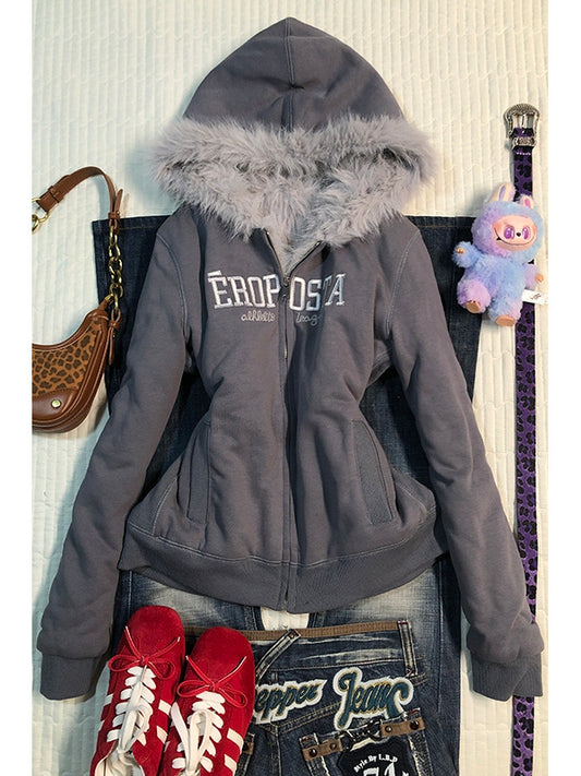 gray velvet hooded jacket