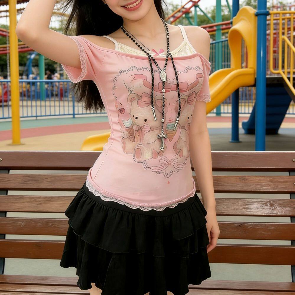 Y2K Teddy Bear Off-Shoulder Top