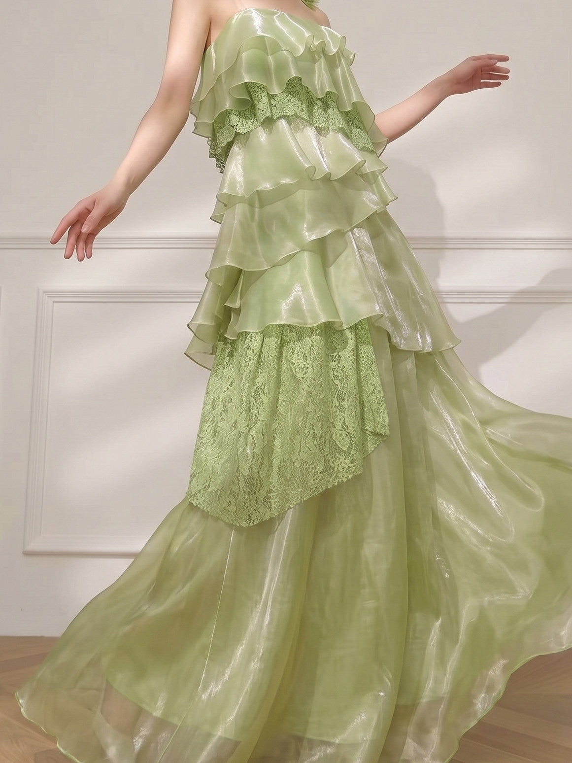 Stylish green strapless/halter layered cake maxi dress