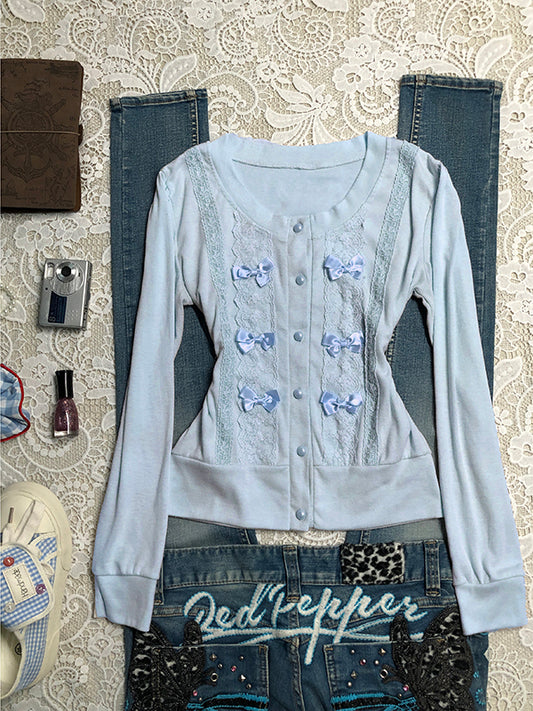 blue bow long-sleeved cardigan