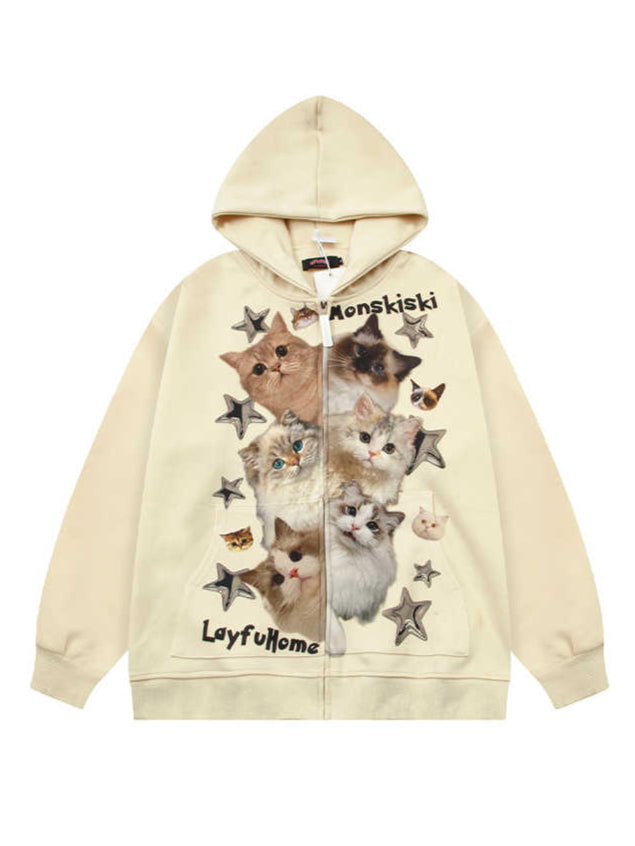 Y2K Star Cat Print Zip-up Hoodie