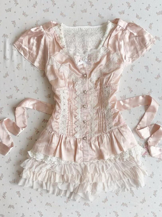 French Vintage Lace Panel V-Neck Puff Sleeve Cinched Waist Blouse