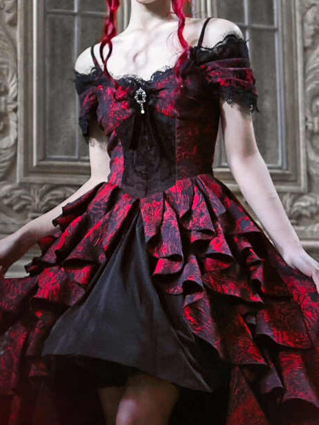 Gothic Black and Red Jacquard Palace Dress