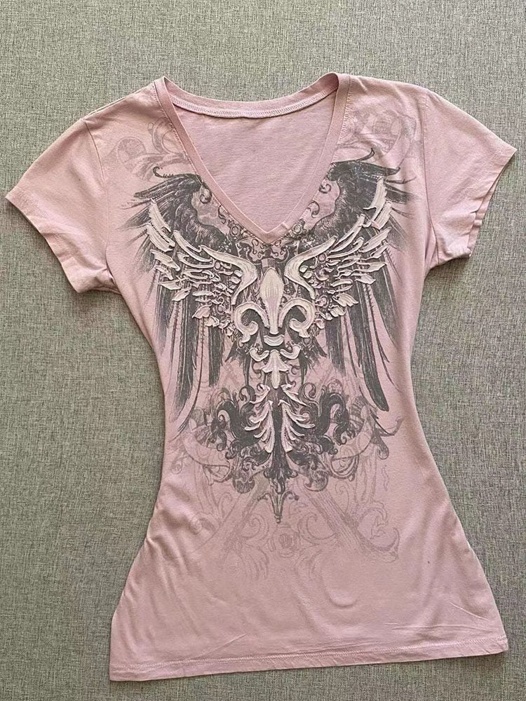 Vintage pink V-neck short-sleeve T-shirt