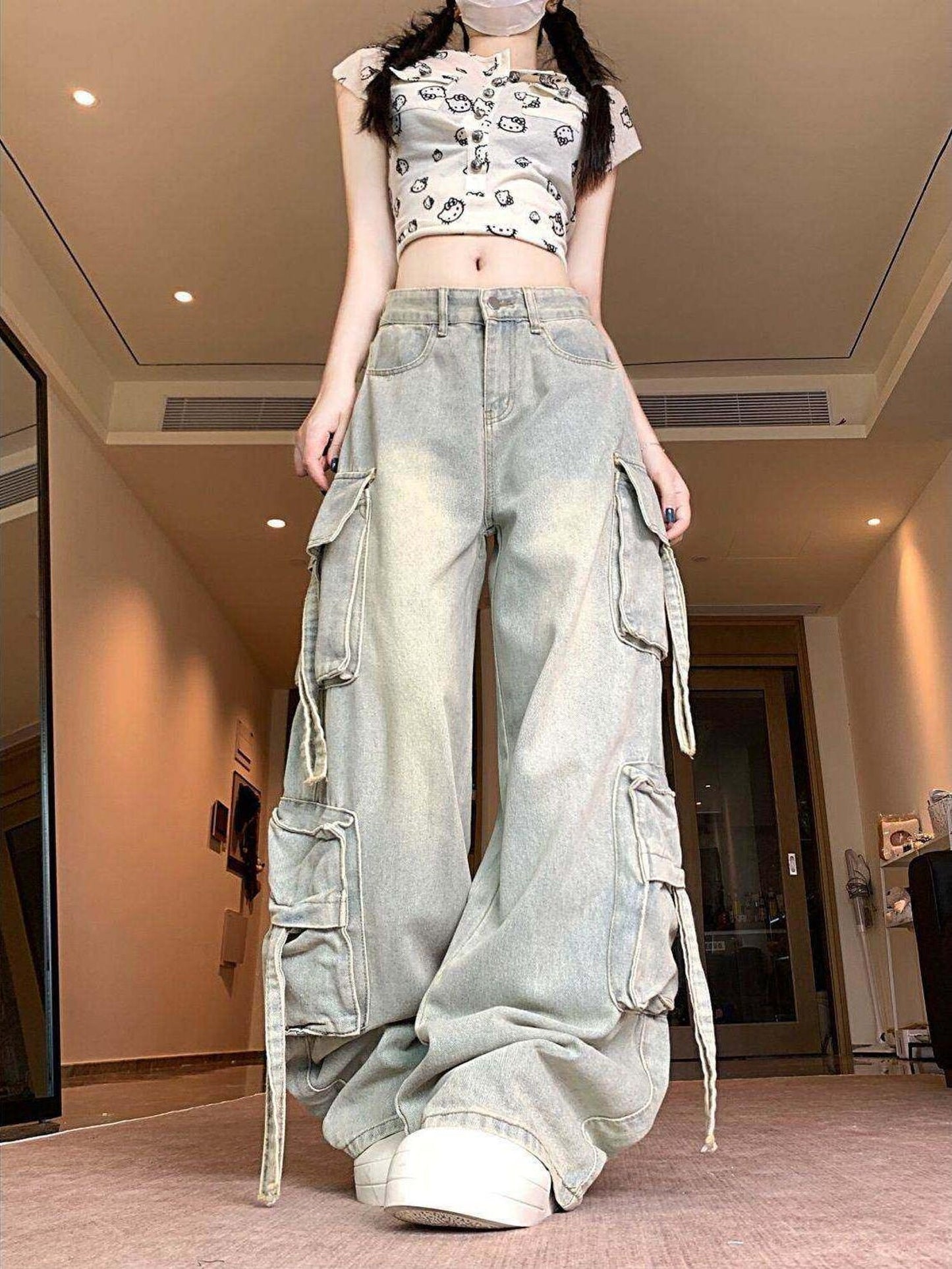 High-Waist Cargo Pocket Jeans