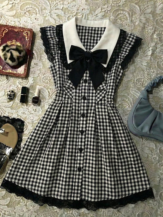 dark coquette plaid bow dress