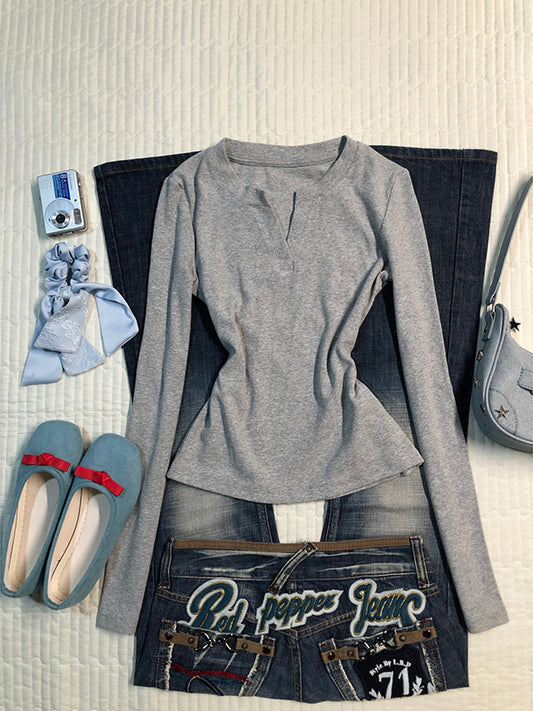 Gray Round Neck Long Sleeve Top