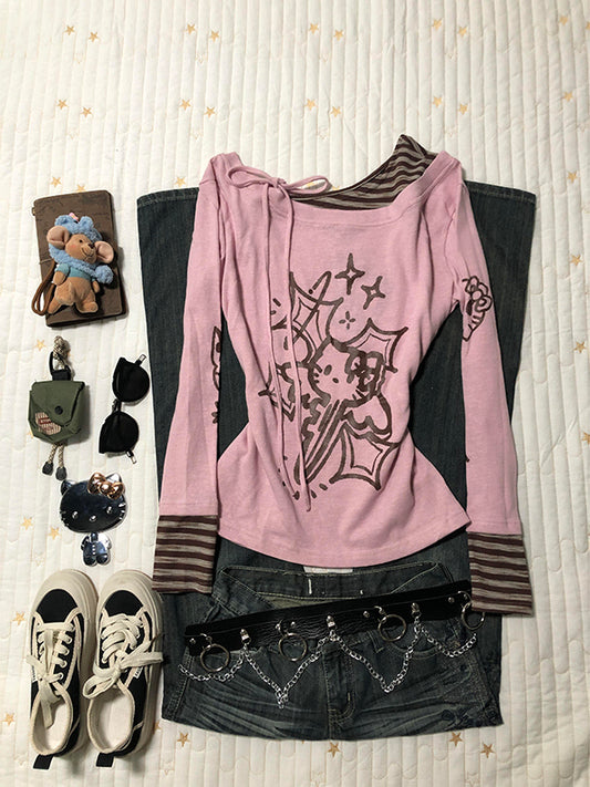 kitty slanted shoulder long-sleeved Top