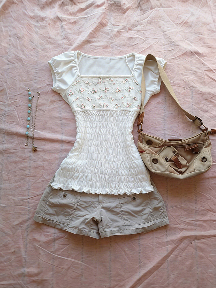 white floral square neck shirt