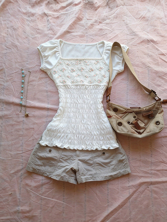 white floral square neck shirt
