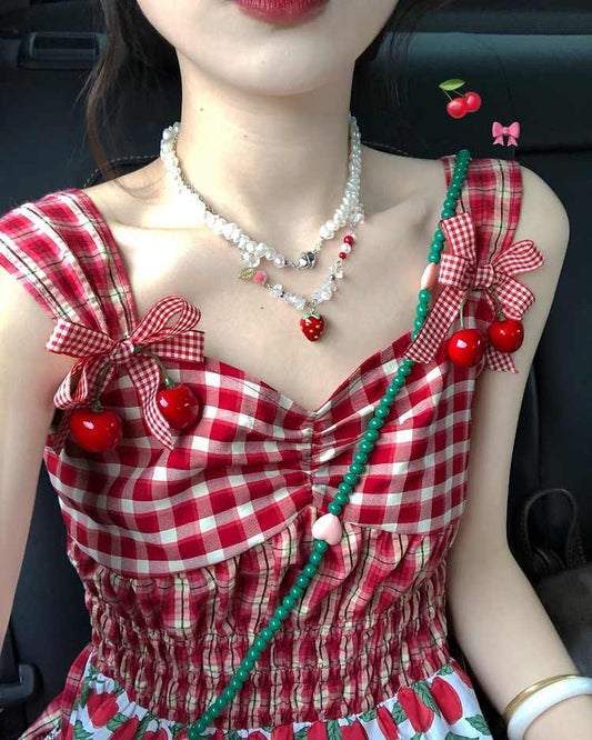 Sweet Cherry Plaid Suspender Dress