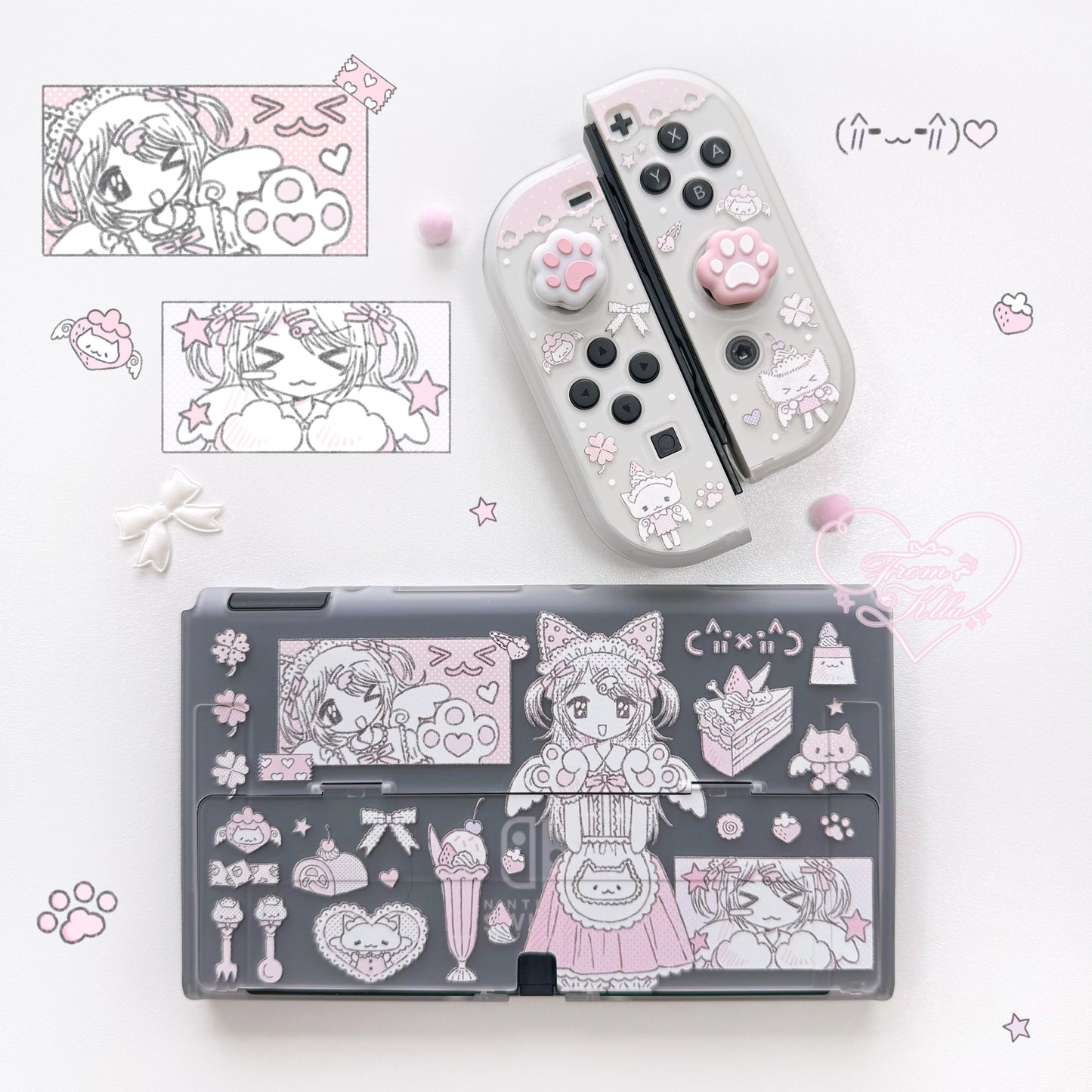 kawaii switch protective cover [oled] semi-transparent matte (hard back plate + hard handle + cat claw cap)