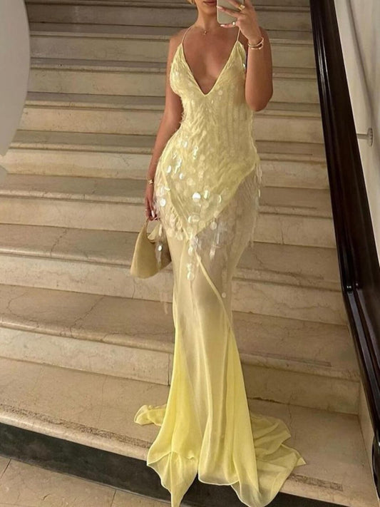 Yellow V-Neck Backless Sequin Maxi Dress