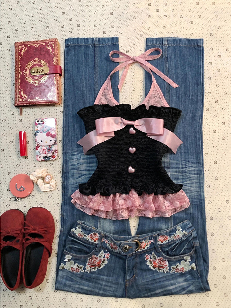 black&pink bow tank top
