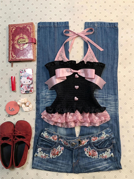 black&pink bow tank top