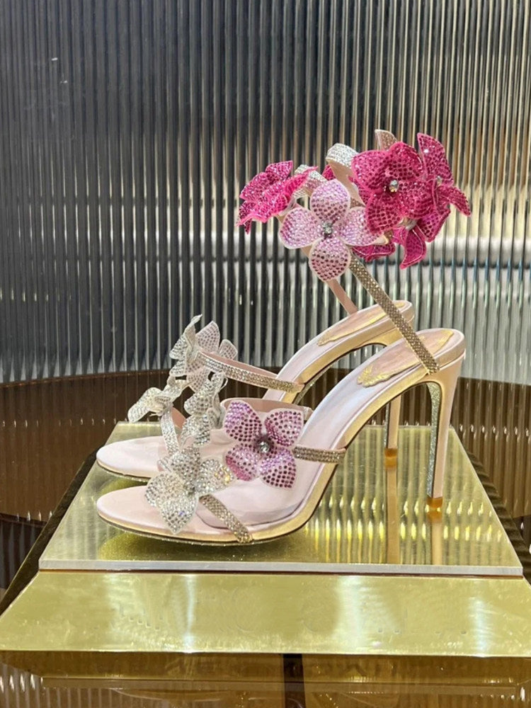 Rhinestone Snake-Wrap Floral High Heels