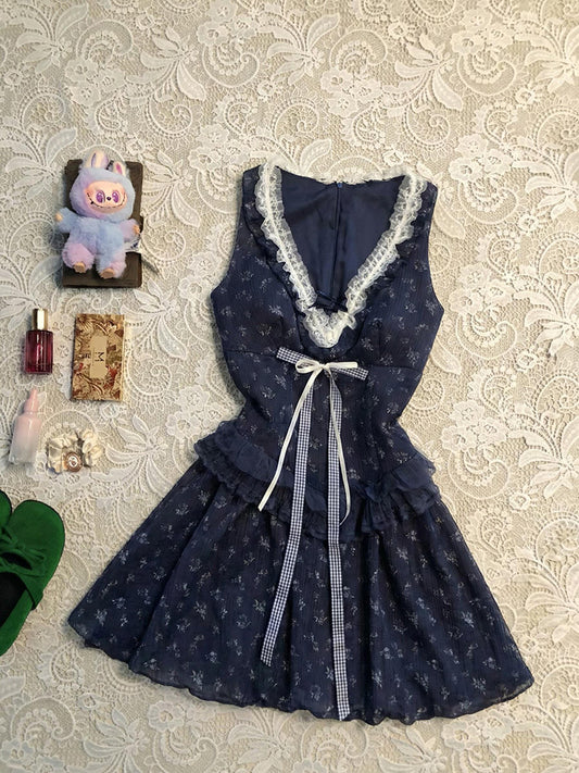 floral v-neck navy lace dress