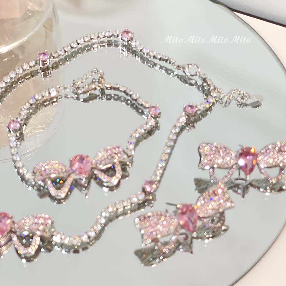 Princess Pink Diamond Bow Earrings Necklace Bracelet