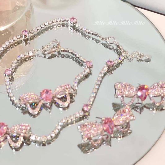 Princess Pink Diamond Bow Earrings Necklace Bracelet