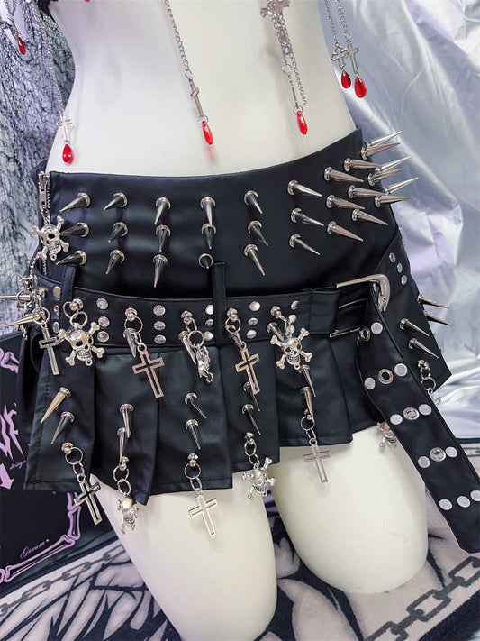 Skull Cross Punk Leather Skirt