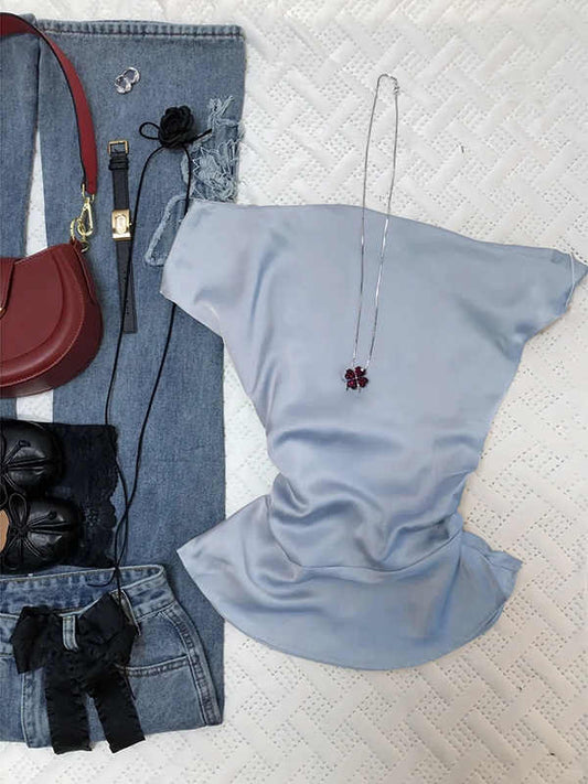 Satin Slanted Shoulder Top