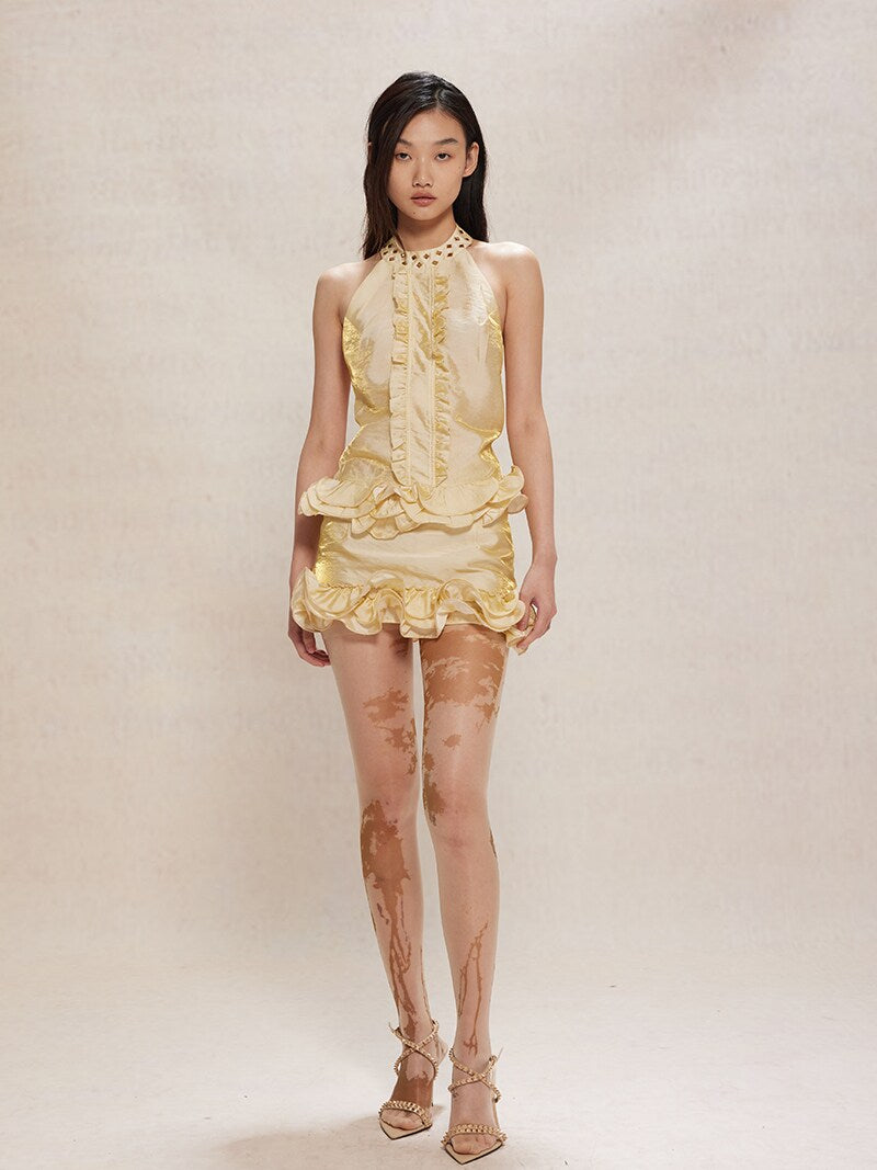 Floral Lace Neckline Light Yellow Halter Neck Set