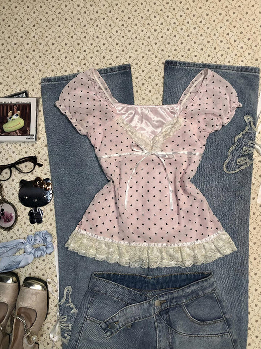 polka dots pink lace shirt