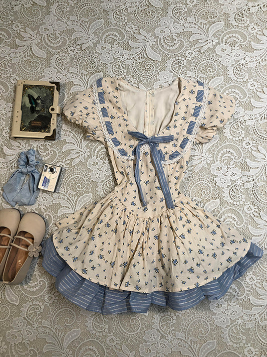 blue bow floral puff sleeve dress
