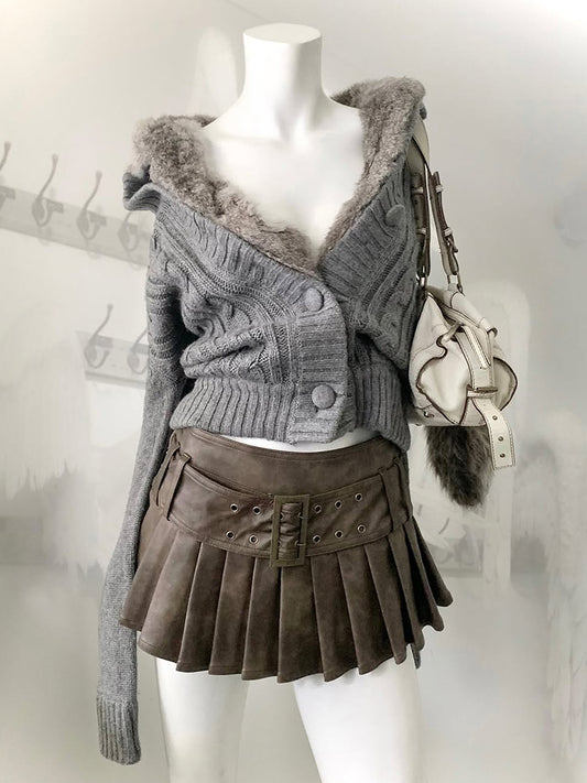 retro fur gray knitted cardigan