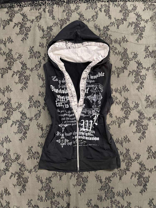Retro Black Printed Hooded Top