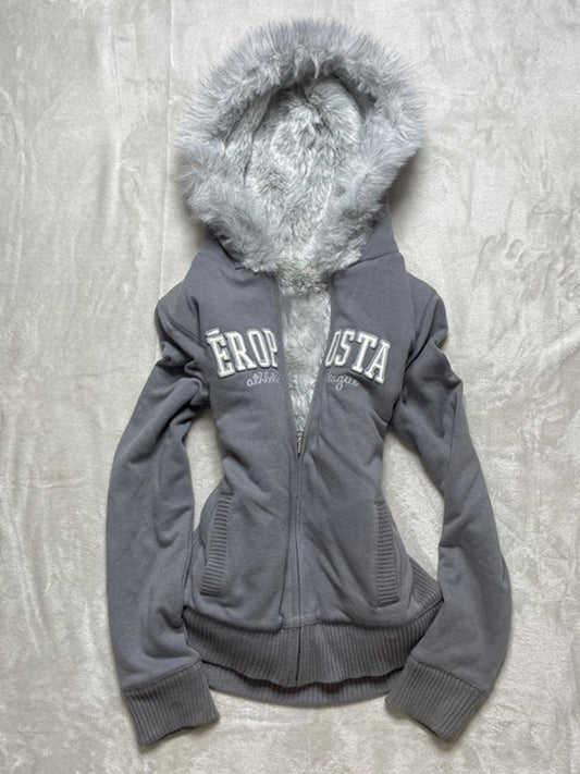 gray velvet thickened hooded jacket