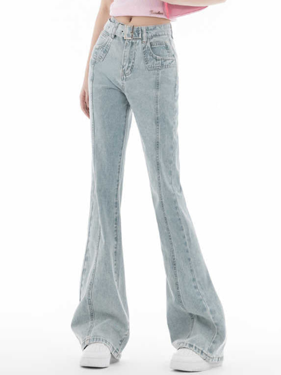 Coquette Light Blue Retro Belt Flare Jeans