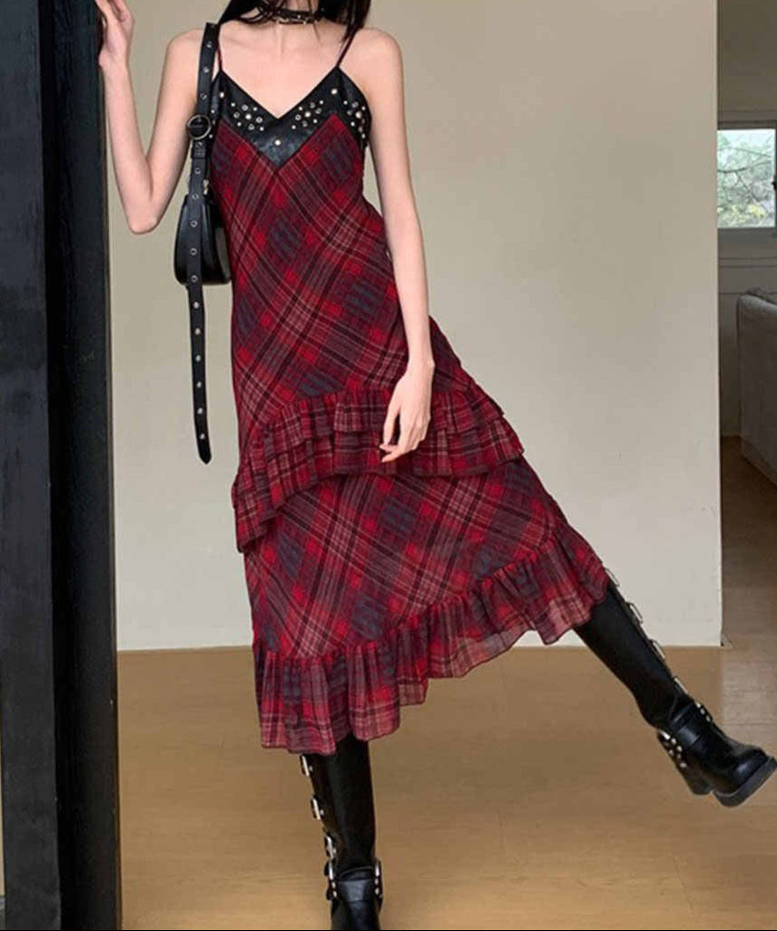 Goth Suspender Plaid Maxi Dark Coquette Dress