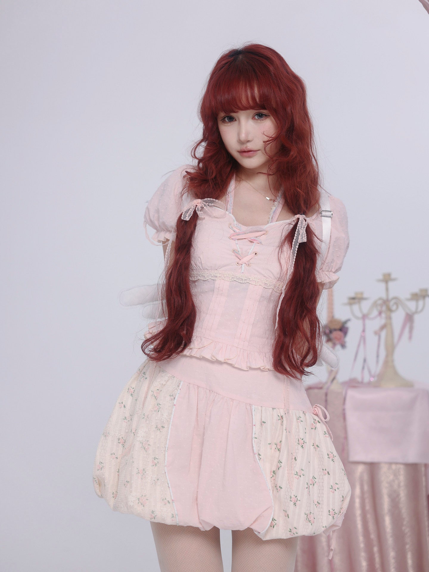 pink floral puff-sleeved shirt suit