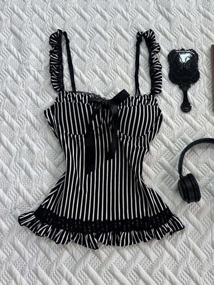 dark coquette Bow lace striped tank top