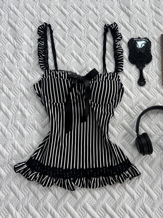 dark coquette Bow lace striped tank top