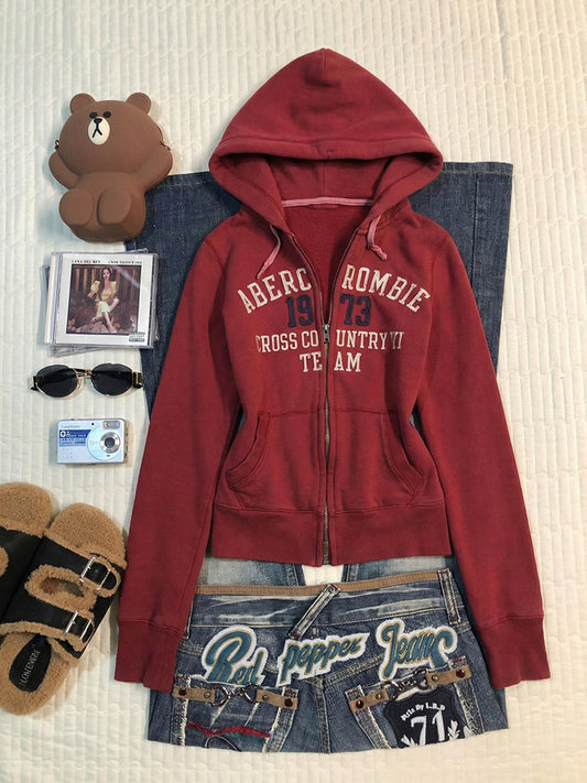 red retro style letter print hooded jacket