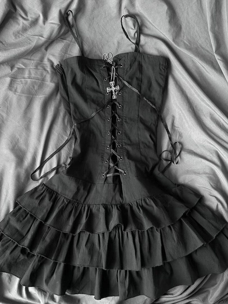 retro gray ruffled corset dress