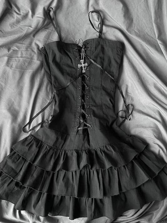 retro gray ruffled corset dress