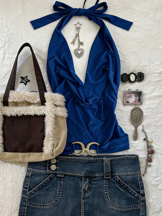 retro blue halter-neck top