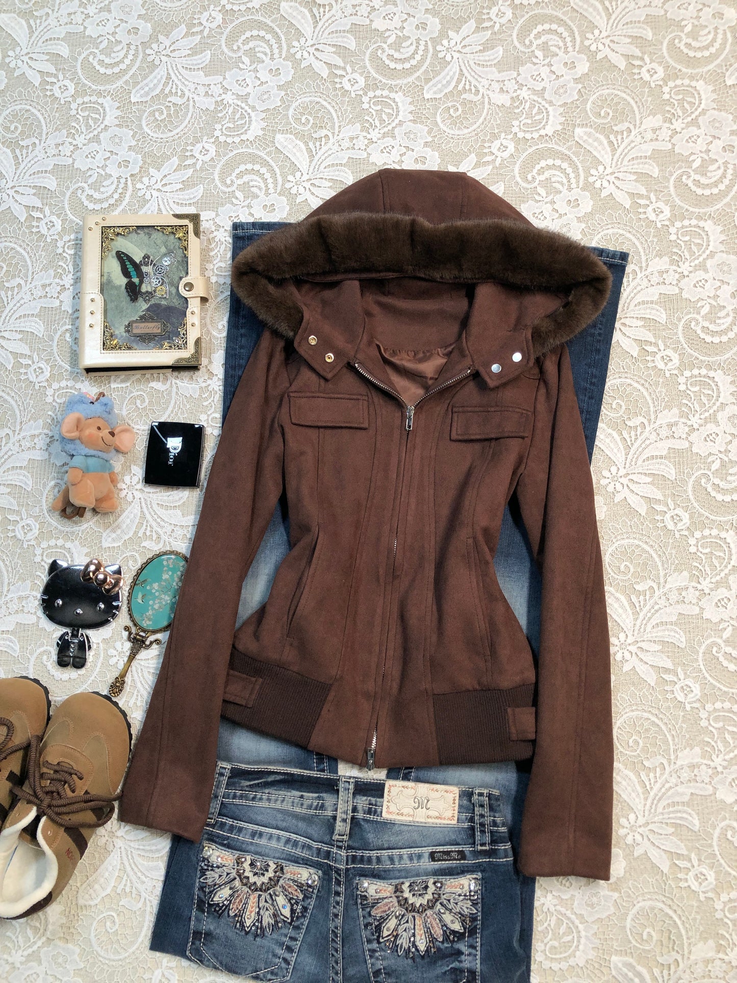 Maillard fur collar hooded short coat