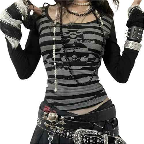 Gothic Grunge Striped Long-sleeved Top