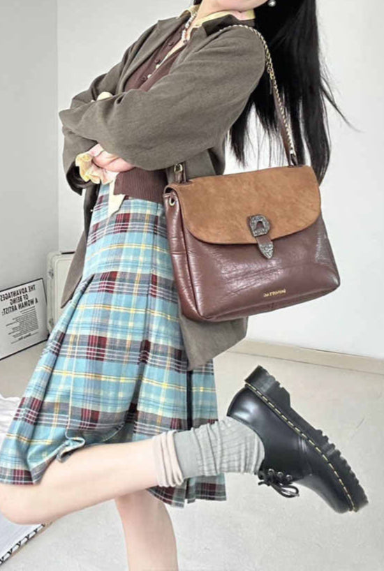 Preppy Green Mid-length Plaid Skirt