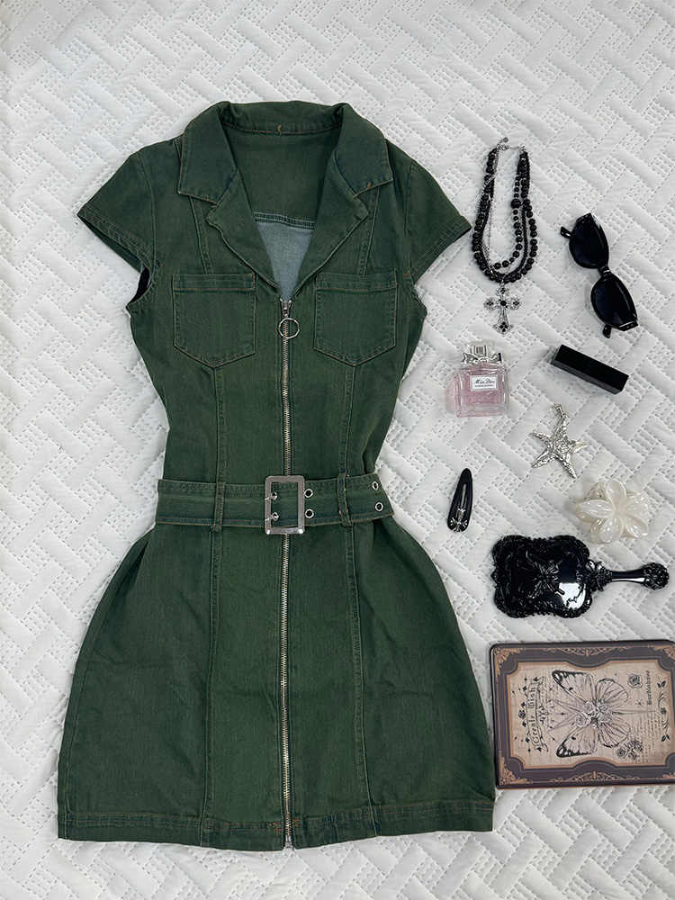 Retro Green Denim Dress