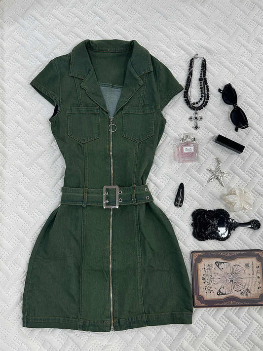 Retro Green Denim Dress