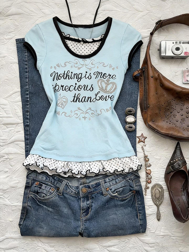 retro polka dot trim letters shirt