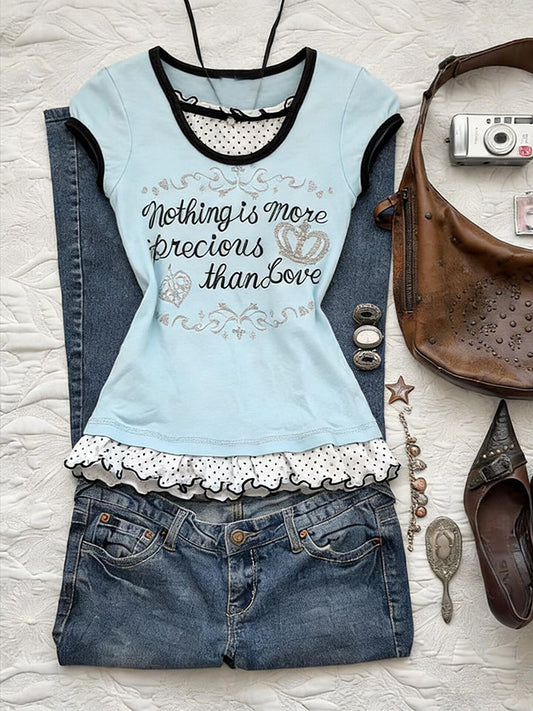 retro polka dot trim letters shirt