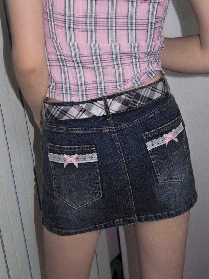 Y2K Lace Plaid Stitching Denim Skirt